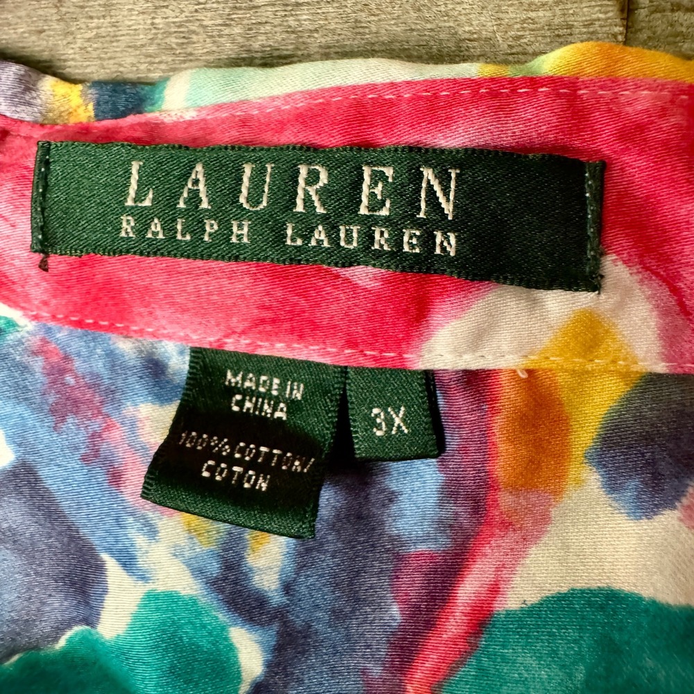 Lauren Ralph Lauren Floral Watercolor Cotton Popover Top 3X Multi Light Flowy - Picture 3 of 7